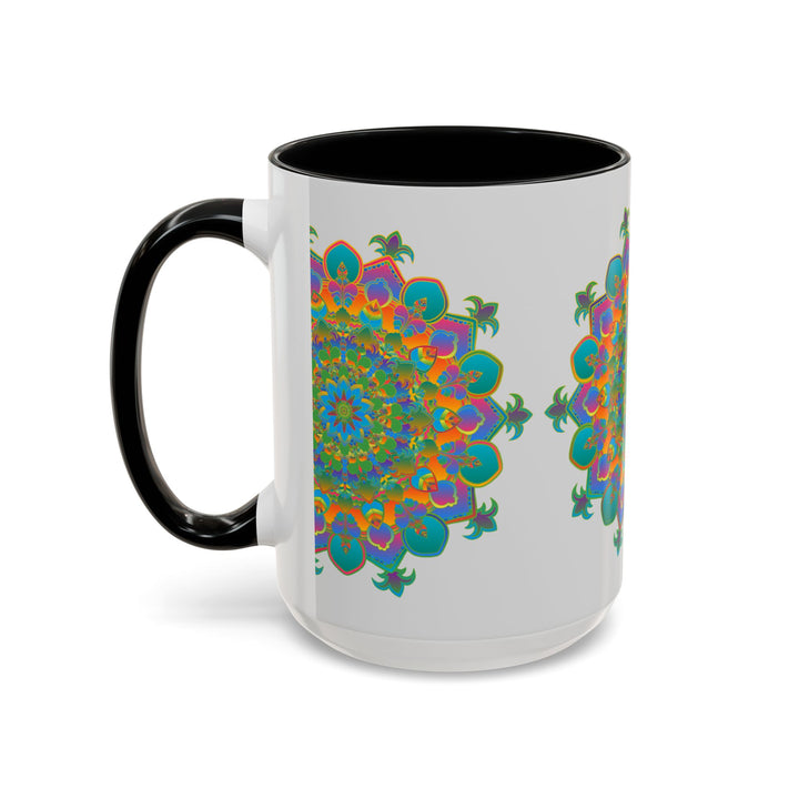 A close-up image of a colorful and intricate mandala art mug with vibrant patterns and designs