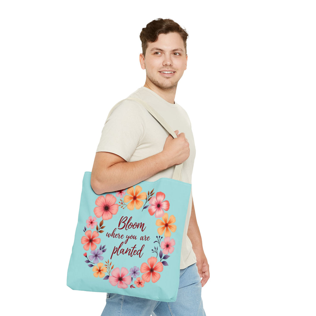 Beautiful floral tote bag with the inspiring phrase 'Bloom Where You Are Planted' available in 3 sizes