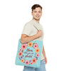 Beautiful floral tote bag with the inspiring phrase 'Bloom Where You Are Planted' available in 3 sizes