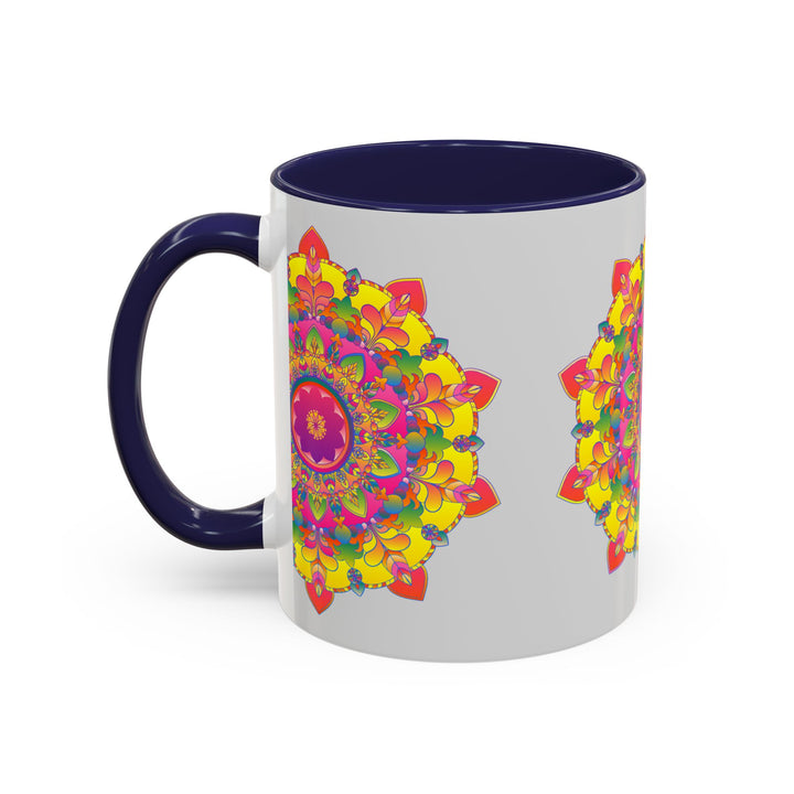 Handcrafted ceramic mandala mug with vibrant, intricate art on grey background