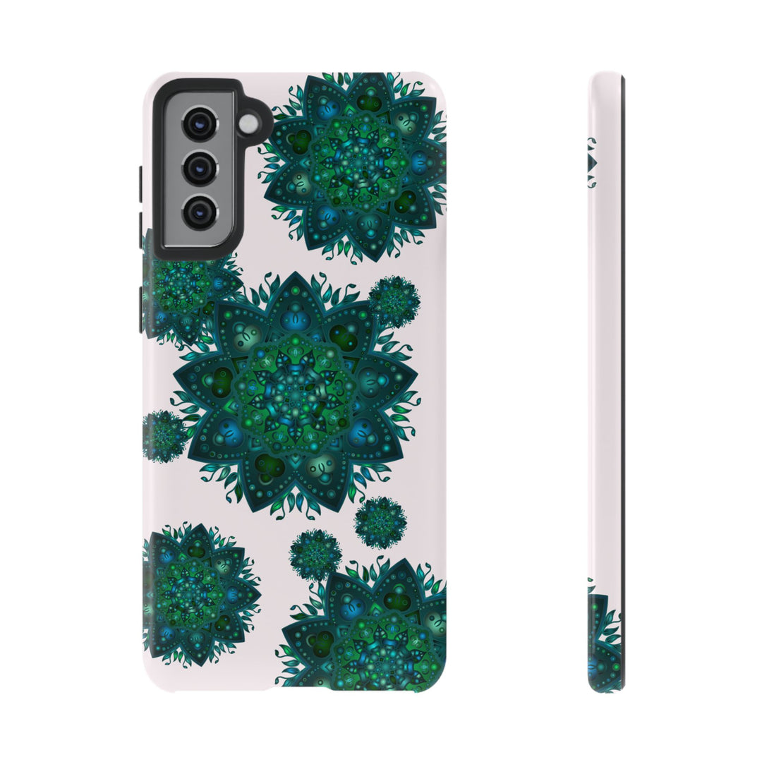 Beautiful light pink and green mandala phone case with a peaceful and intricate design