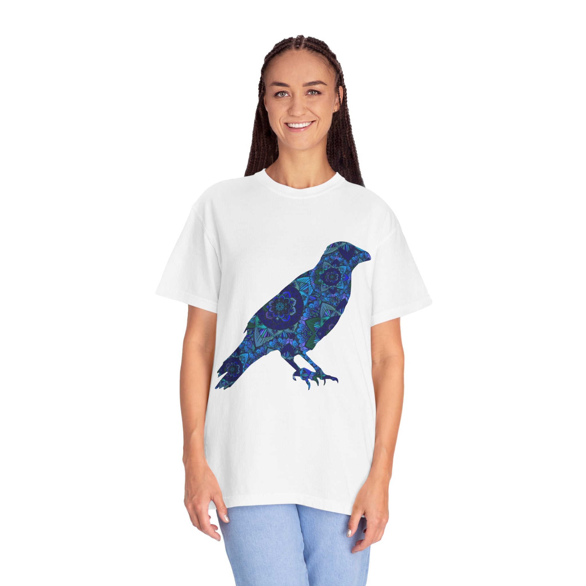 Maglietta con stampa corvo mandala blu — Maglietta grafica con corvo Inner Protection