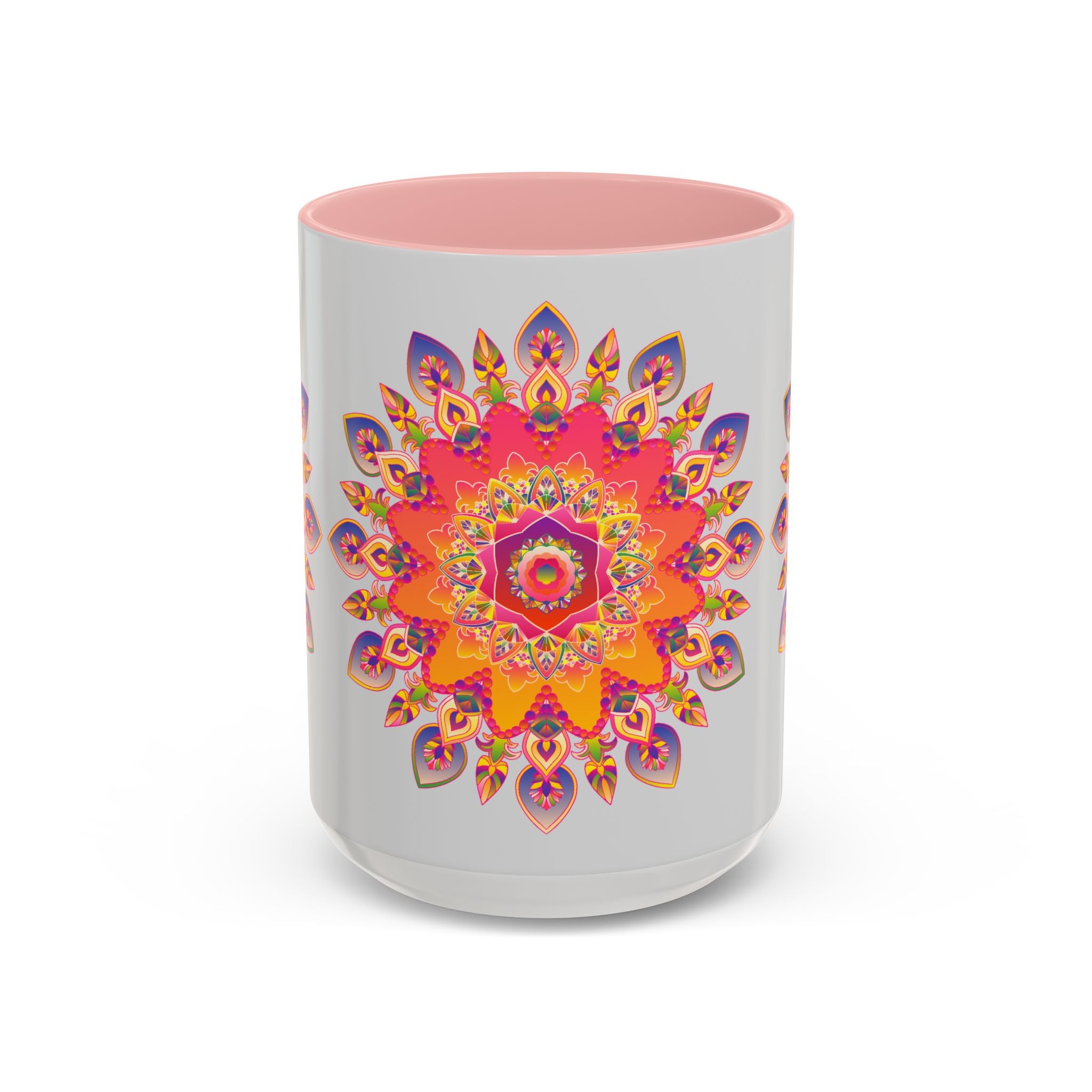 Vibrant mandala art mug featuring intricate patterns and bold colors on a grey background