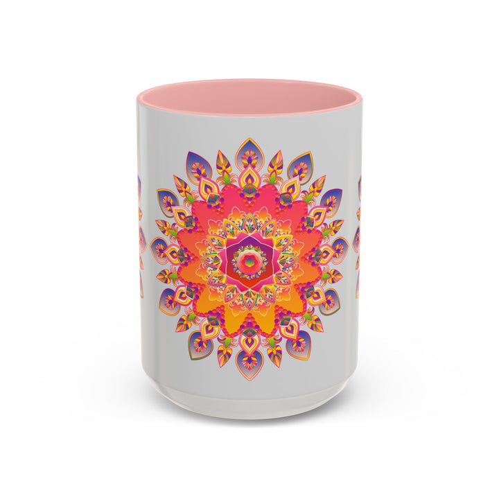 Vibrant mandala art mug featuring intricate patterns and bold colors on a grey background