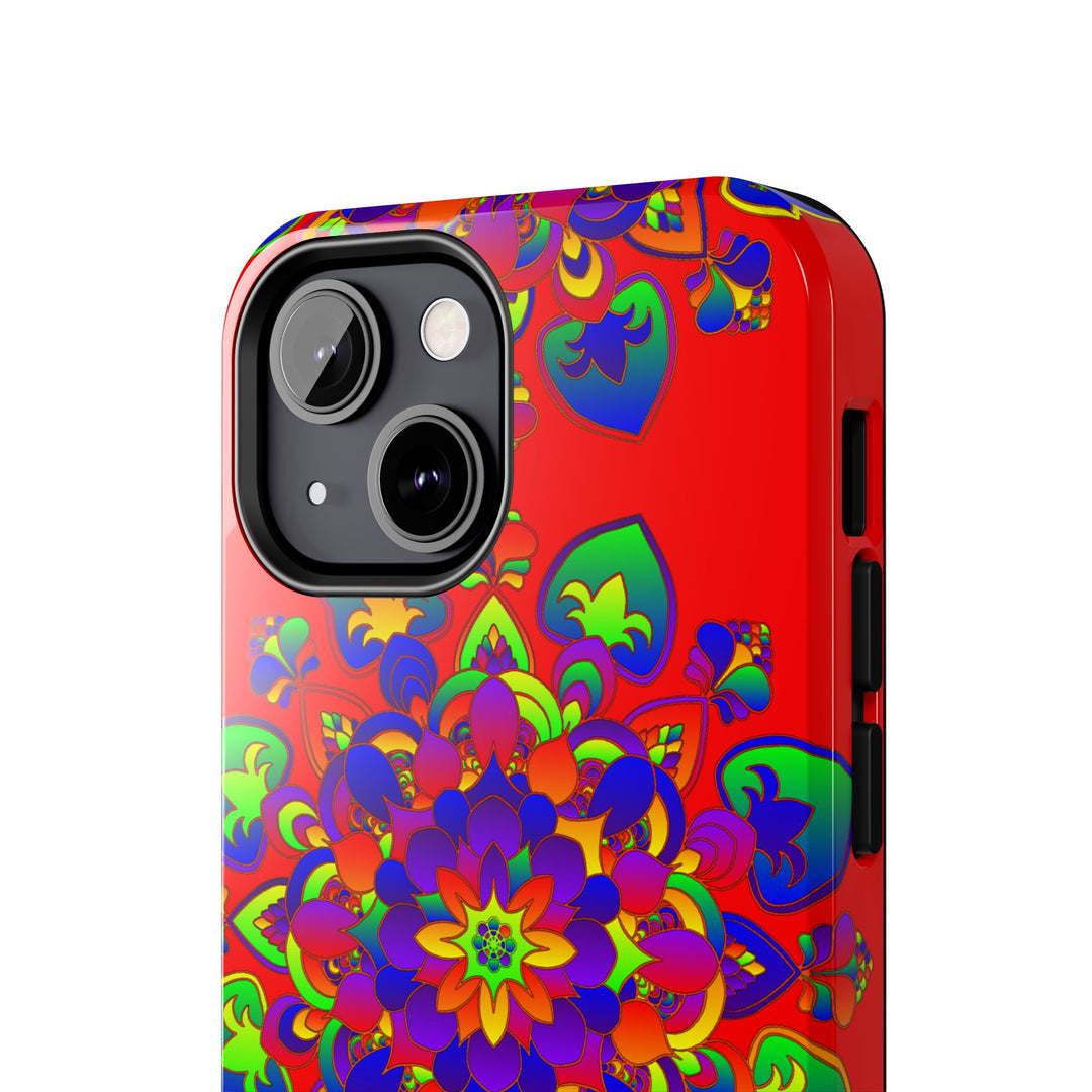 Hand drawn red mandala art phone case with intricate design details