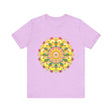 A colorful and detailed mandala design on a t-shirt, representing spiritual peace and harmony for a vibrant and calming effect