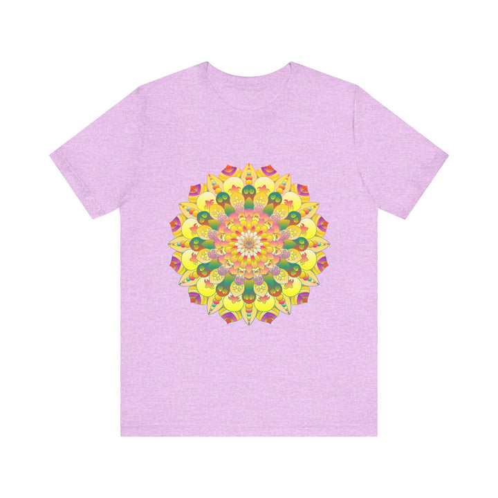 A colorful and detailed mandala design on a t-shirt, representing spiritual peace and harmony for a vibrant and calming effect