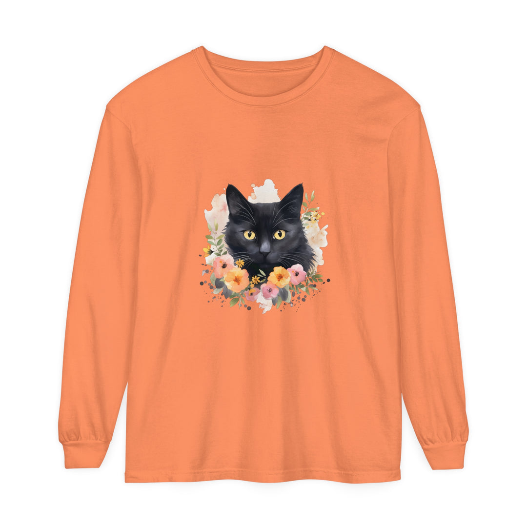 Black Cat Floral Portrait Unisex T-Shirt with intricate floral design and elegant black cat illustration on high-quality fabric