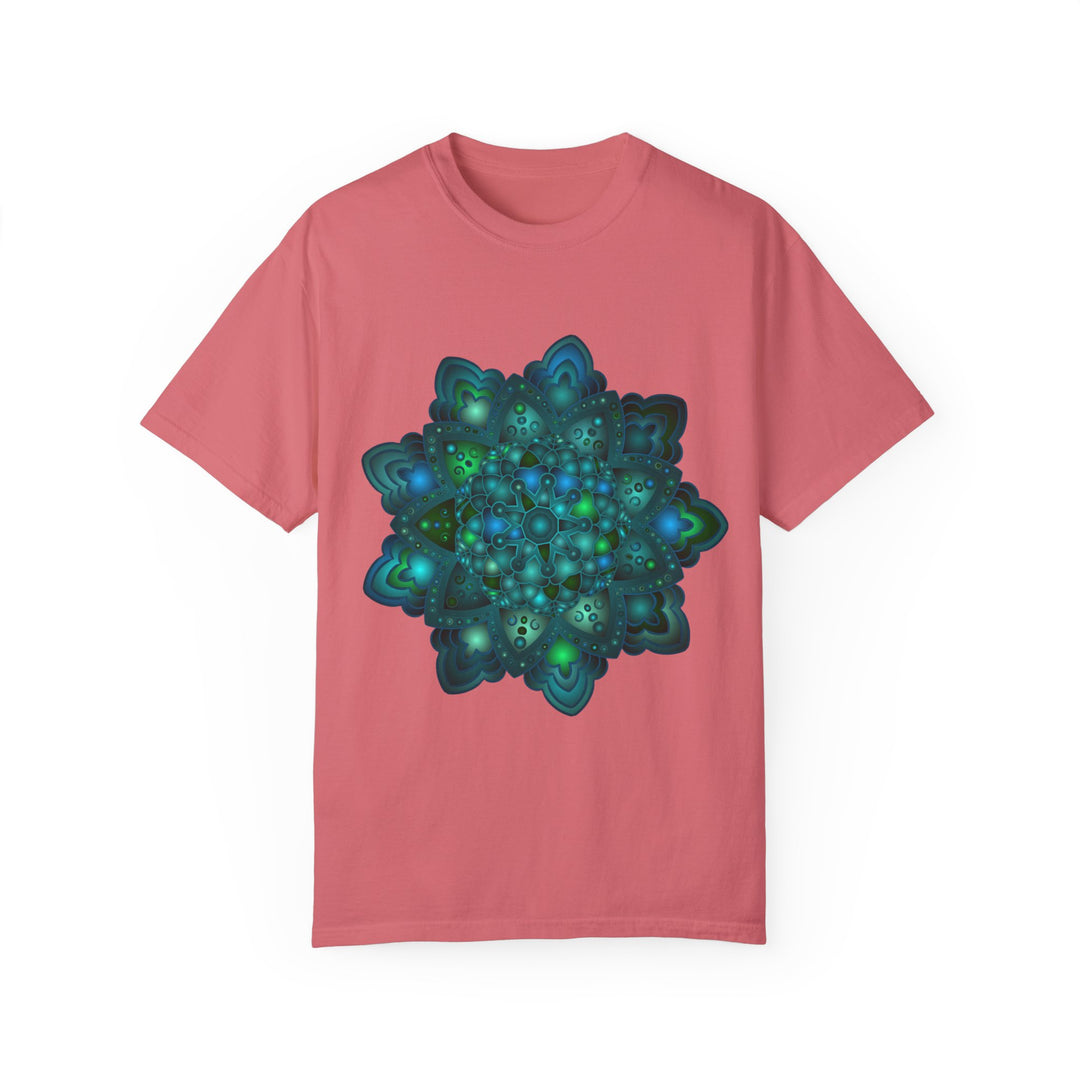 Unisex blue and green mandala t-shirt with intricate design and vibrant colors