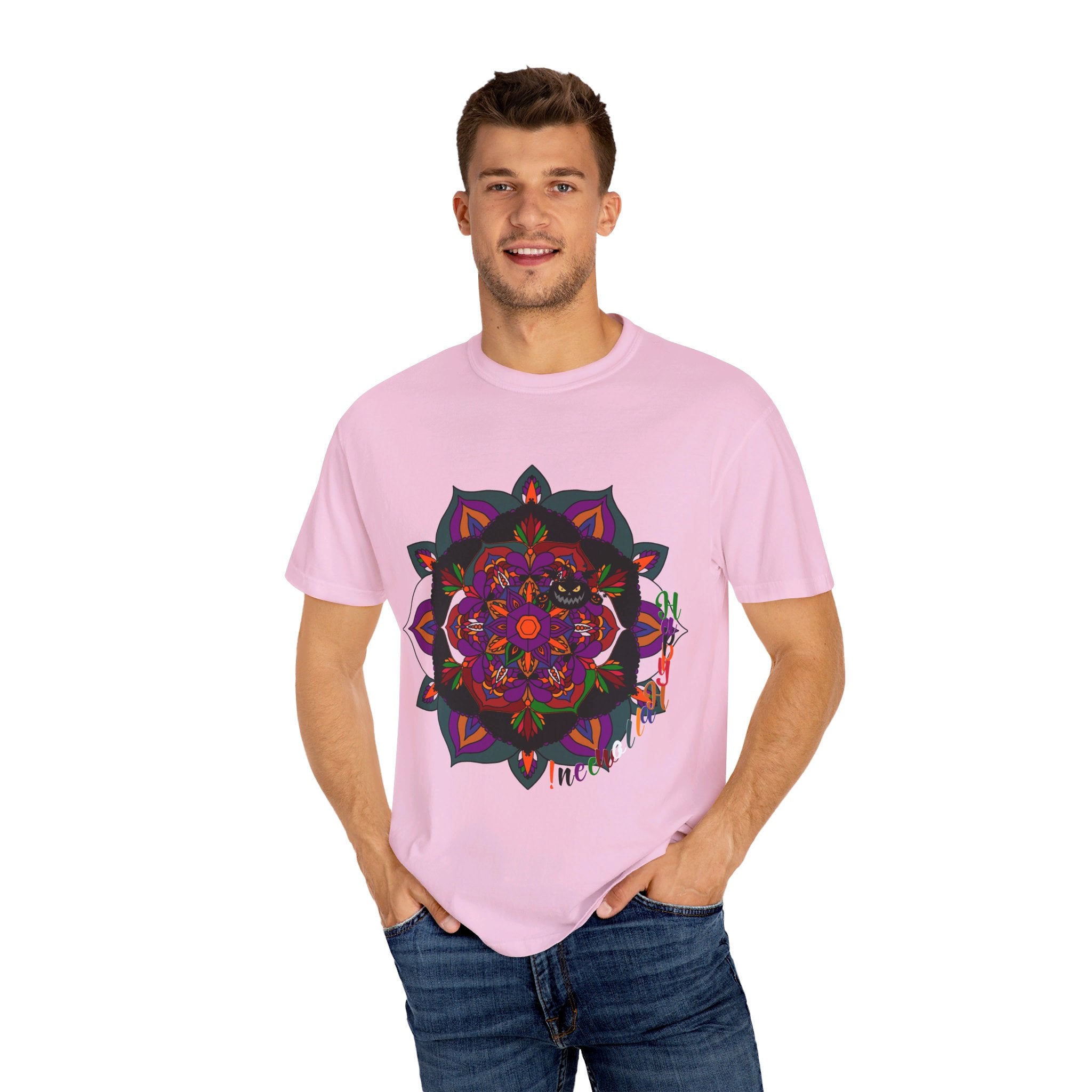 Handmade unisex Halloween mandala t-shirt with intricate pumpkin design, garment-dyed for a unique and vibrant look