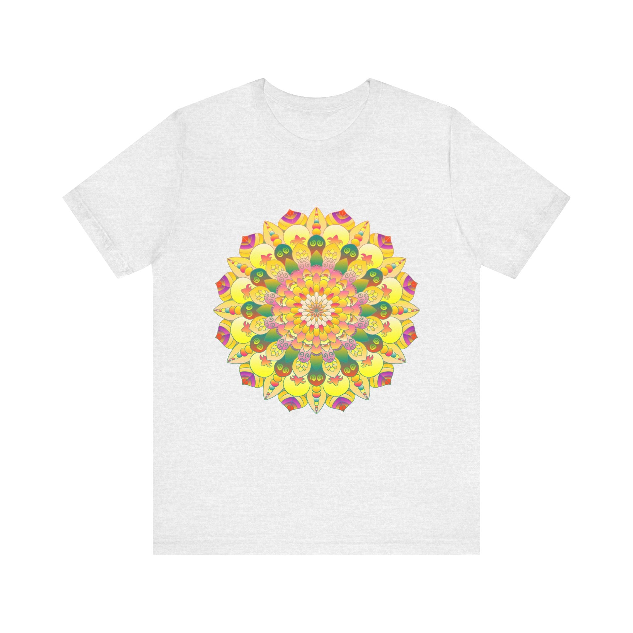 A beautiful and colorful mandala tee featuring intricate designs symbolizing spiritual peace and harmony