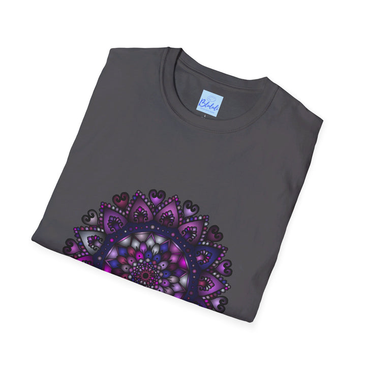 Softstyle unisex t-shirt featuring a hand-drawn purple mandala art design