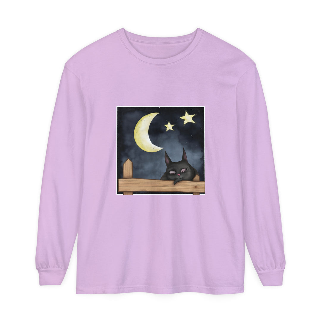 A navy blue t-shirt with a sleepy cat gazing at the night sky