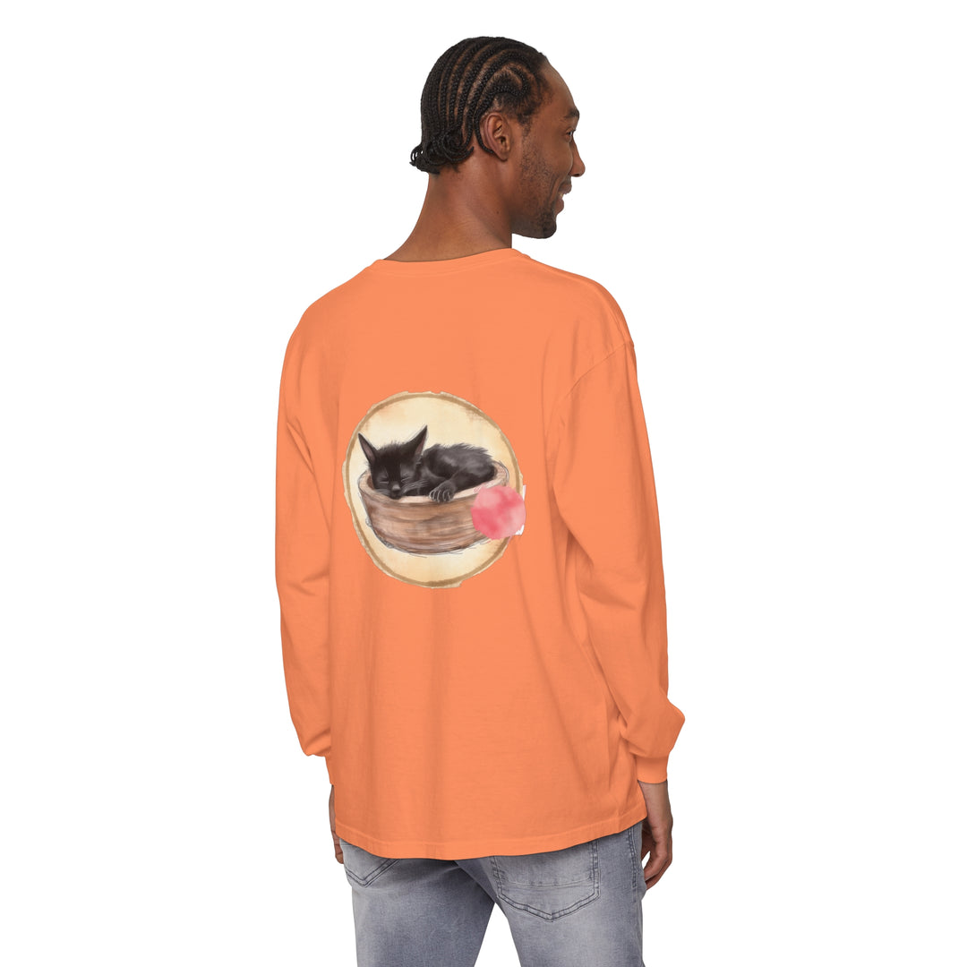 Watercolor illustration of a sleeping cat in a bowl on a long sleeve t-shirt