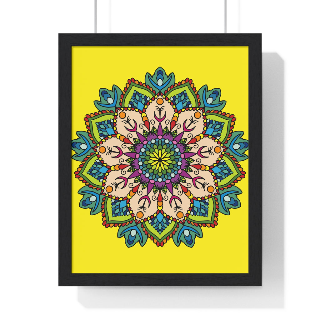 Hand-drawn vertical framed poster featuring a yellow mandala, perfect for mindfulness and yoga