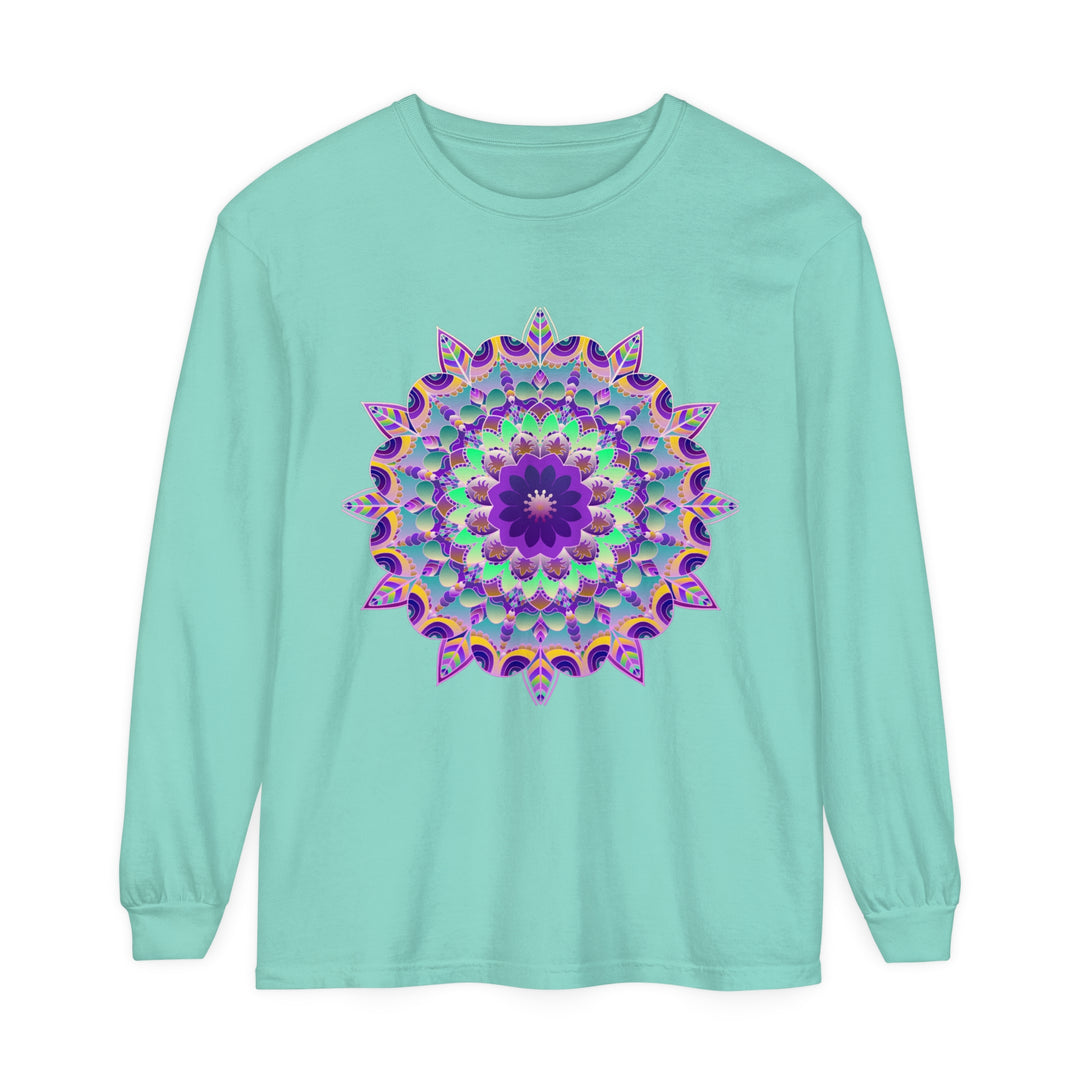 Colorful and intricate psychedelic mandala design printed on a long sleeve t-shirt