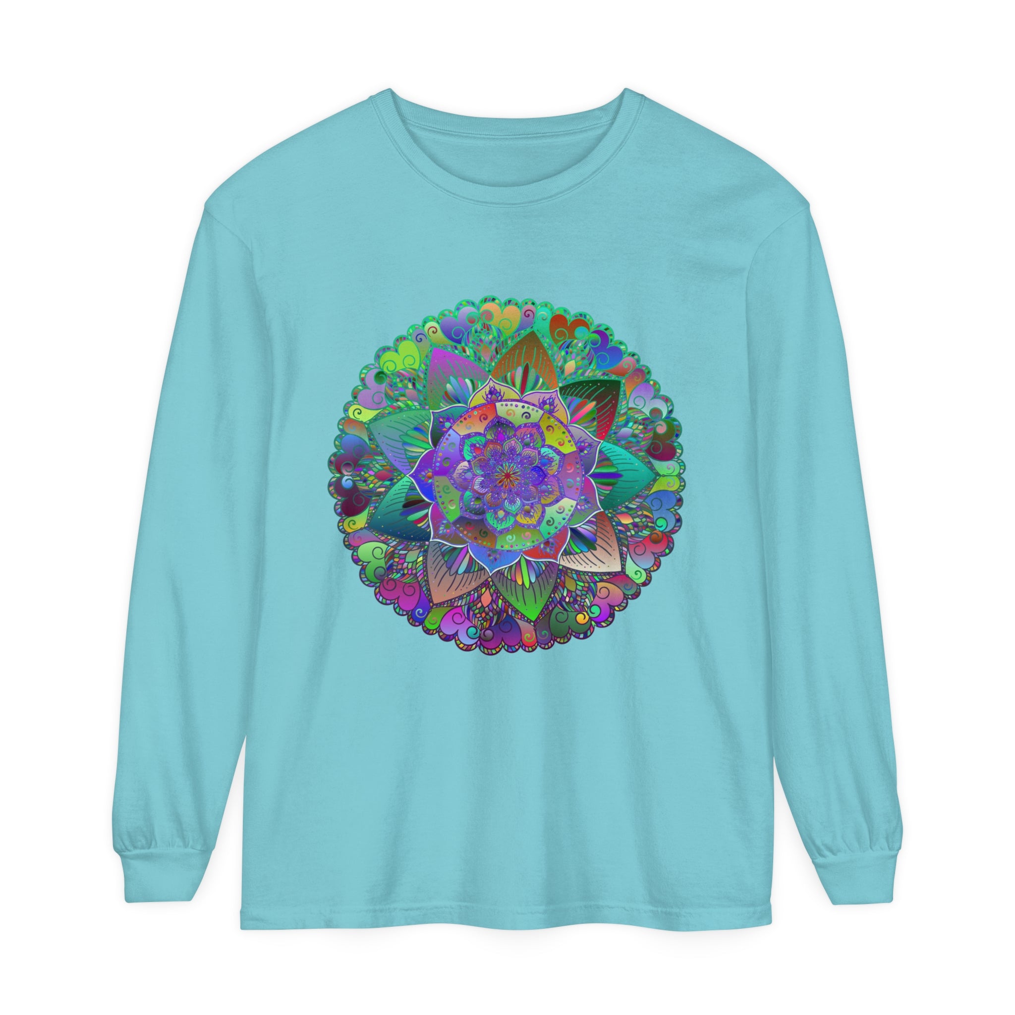 A close-up image of a vibrant mandala long sleeve t-shirt, unisex