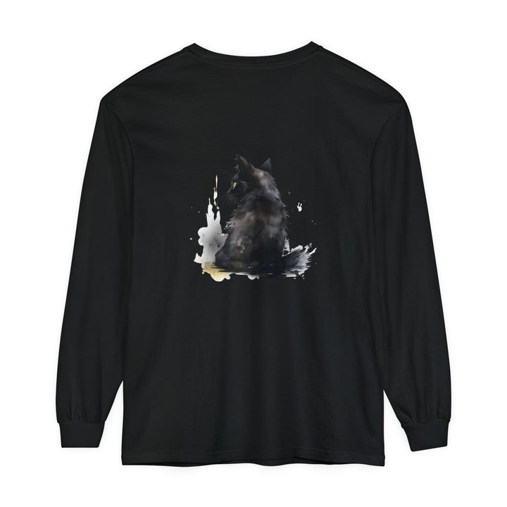 Long sleeve black cat watercolor dream t-shirt with intricate design