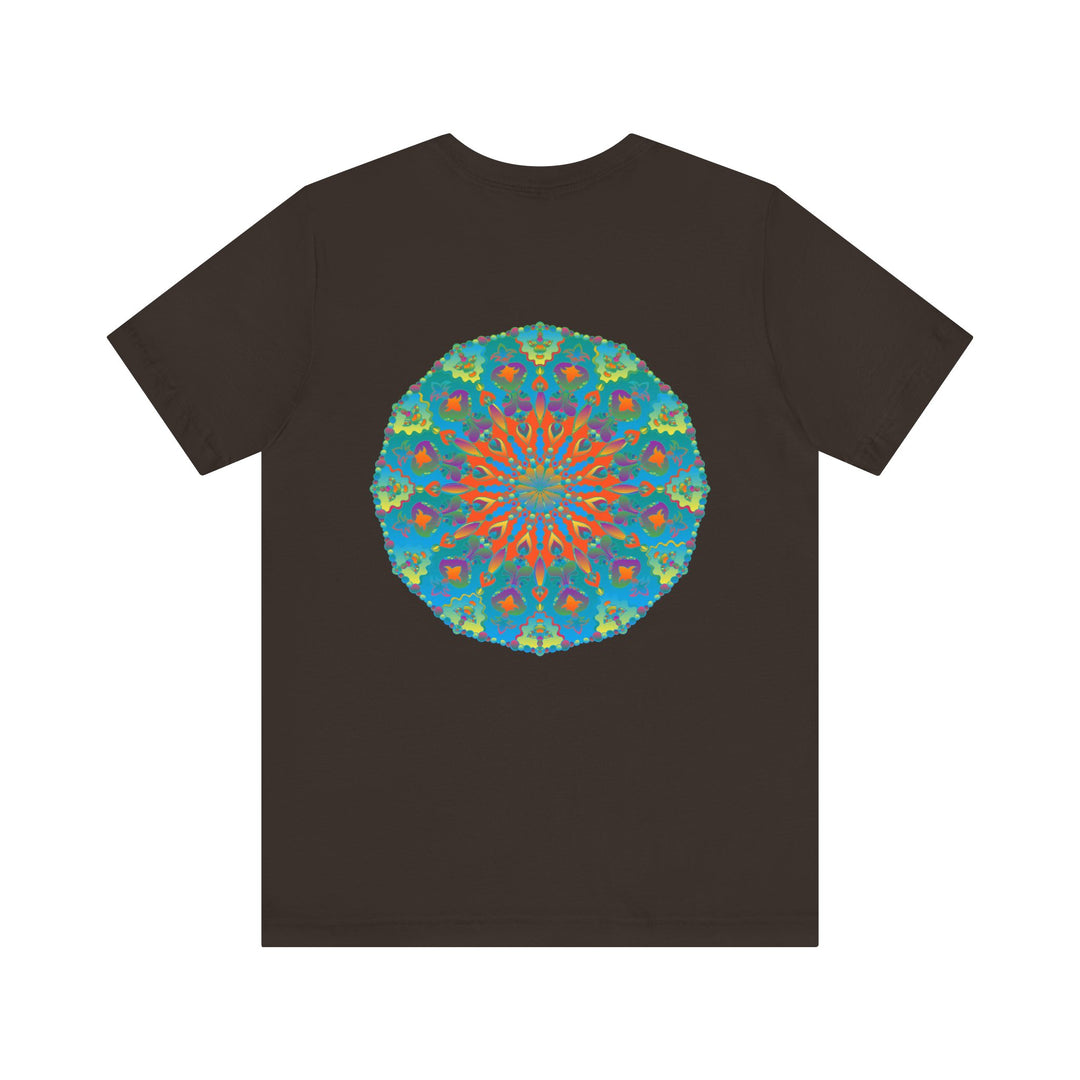 A beautiful white t-shirt with a colorful mandala design symbolizing spiritual peace and harmony