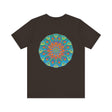 A beautiful white t-shirt with a colorful mandala design symbolizing spiritual peace and harmony