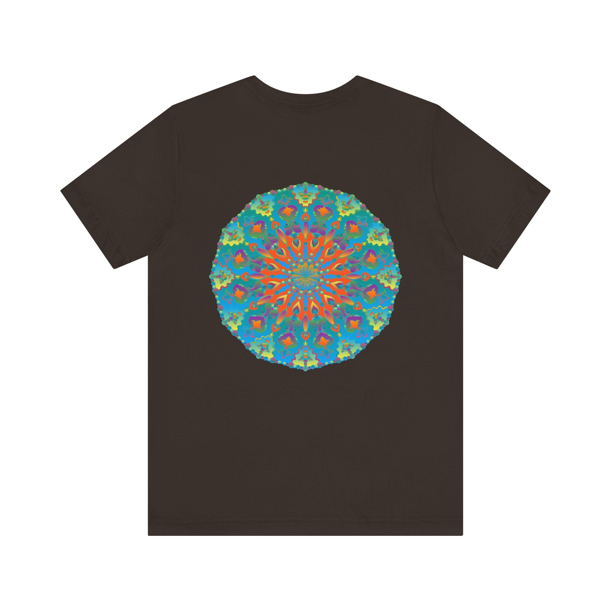 A beautiful white t-shirt with a colorful mandala design symbolizing spiritual peace and harmony