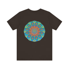 A beautiful white t-shirt with a colorful mandala design symbolizing spiritual peace and harmony