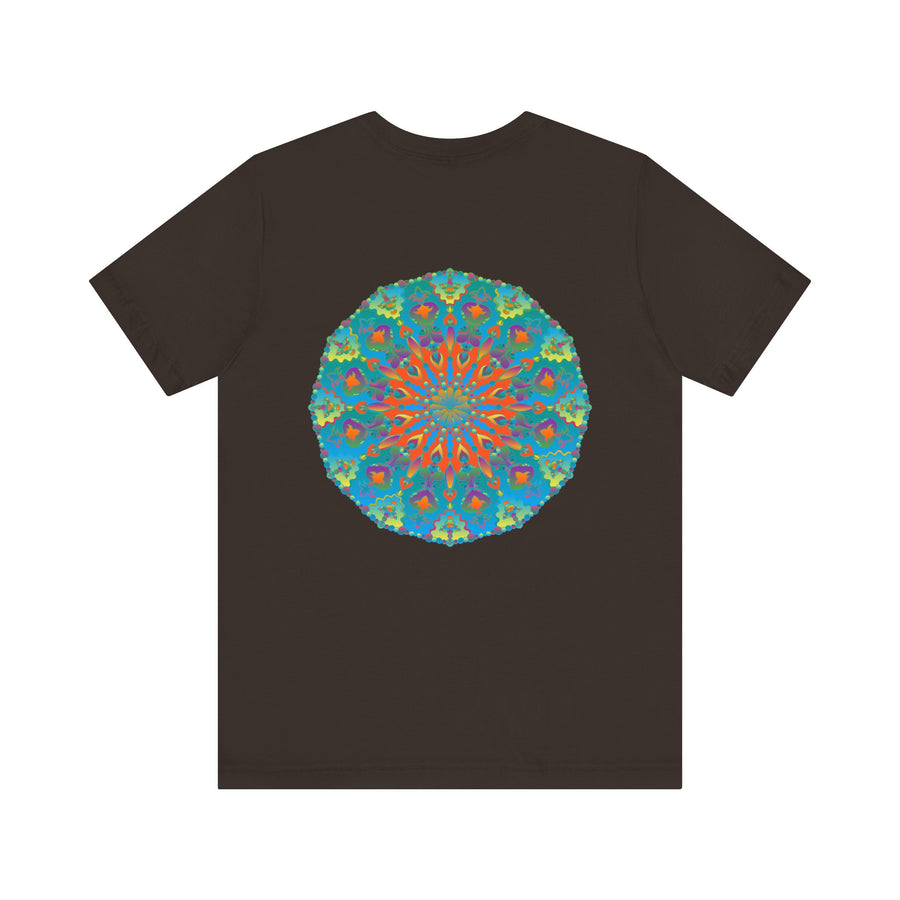 A beautiful white t-shirt with a colorful mandala design symbolizing spiritual peace and harmony