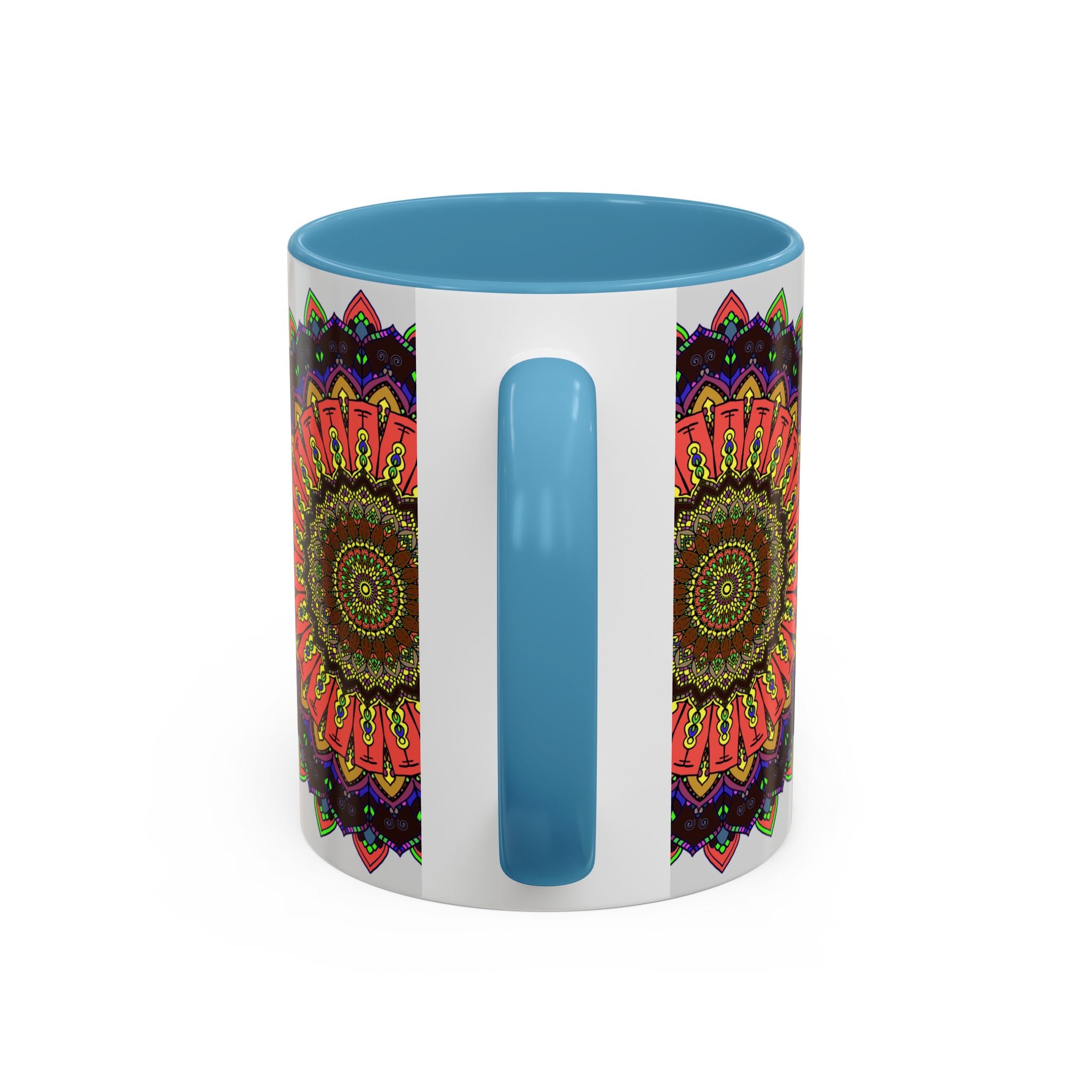 Colorful and spiritual mandala art mug featuring intricate design and vibrant hues