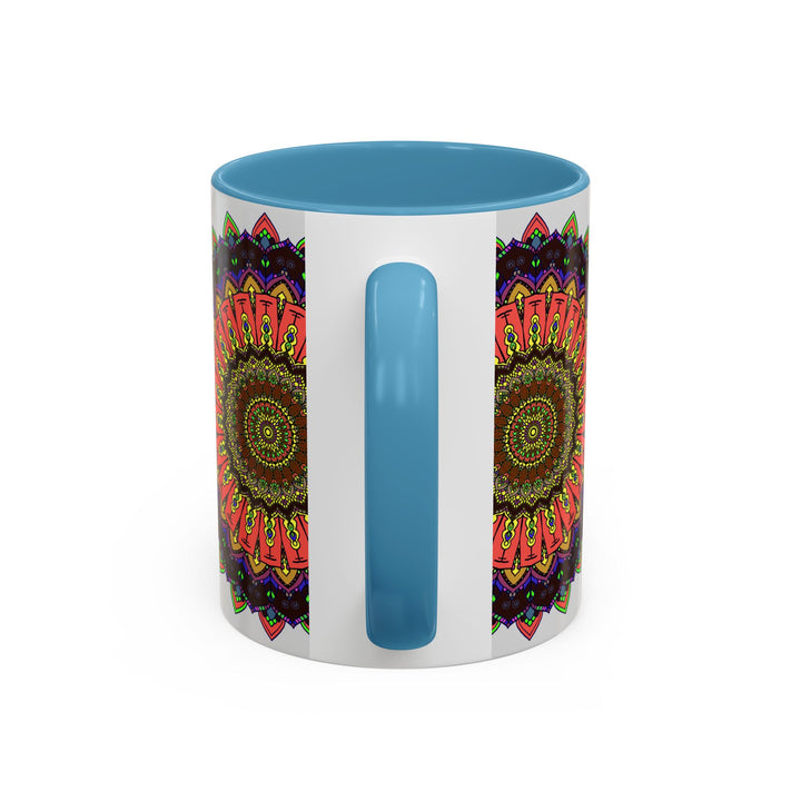 Colorful and spiritual mandala art mug featuring intricate design and vibrant hues