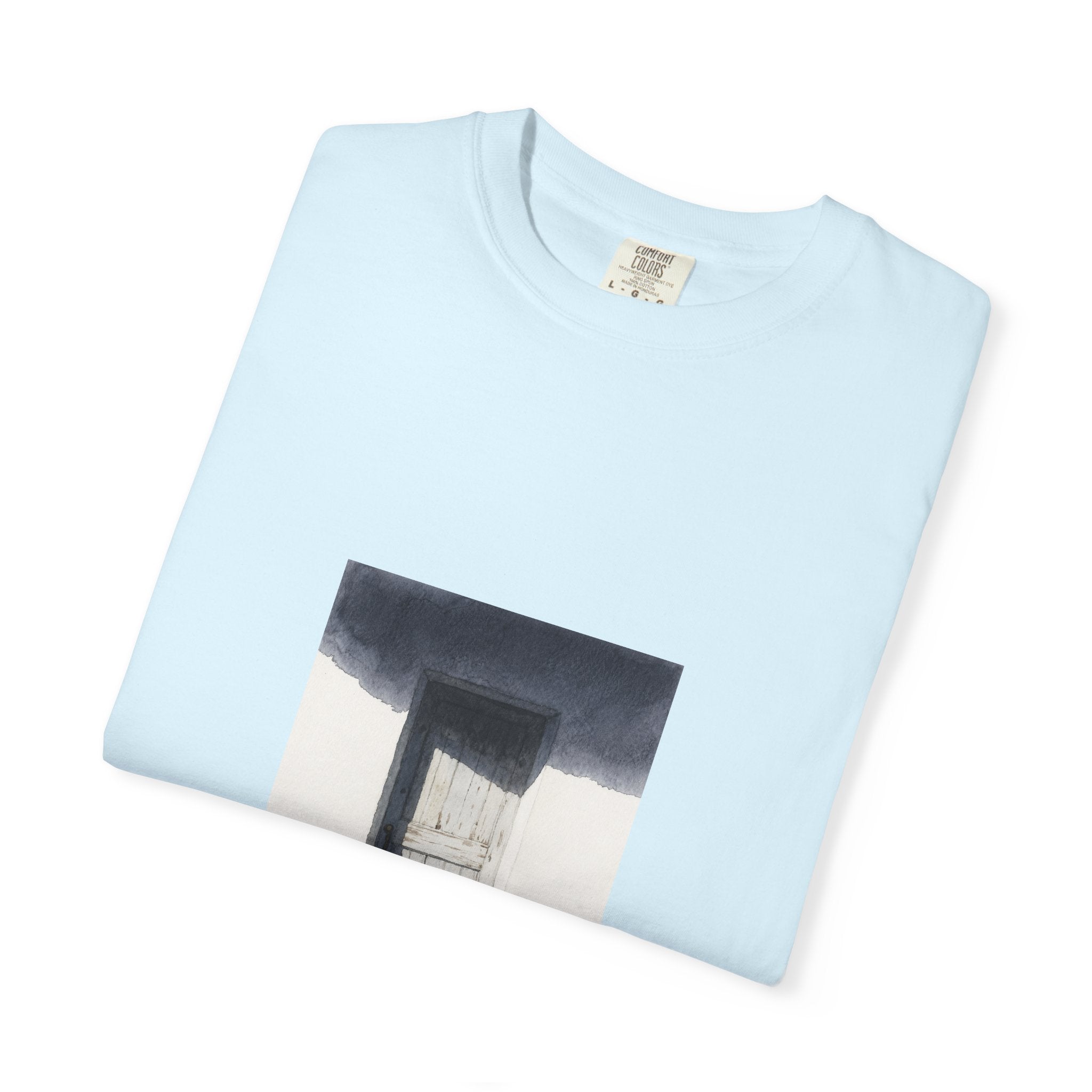 T-Shirt — Minimal Art Cat at Door Graphic Tee