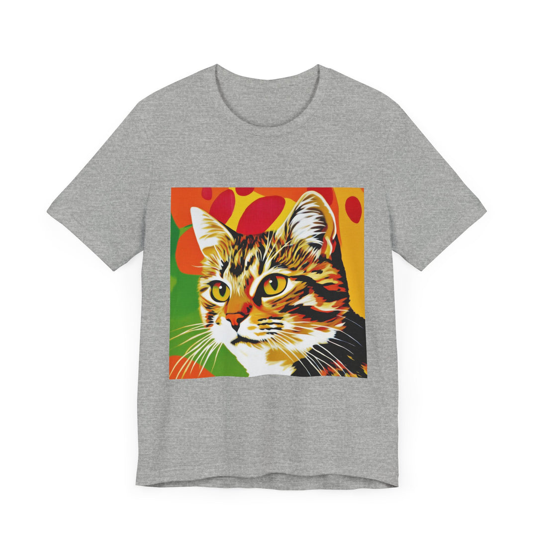 Colorful short sleeve tee featuring a vibrant pop art design of a tabby cat