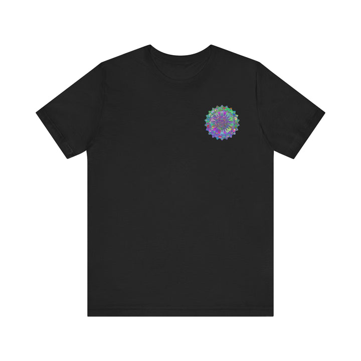 A colorful and intricate mandala design tee shirt representing spiritual peace and harmony