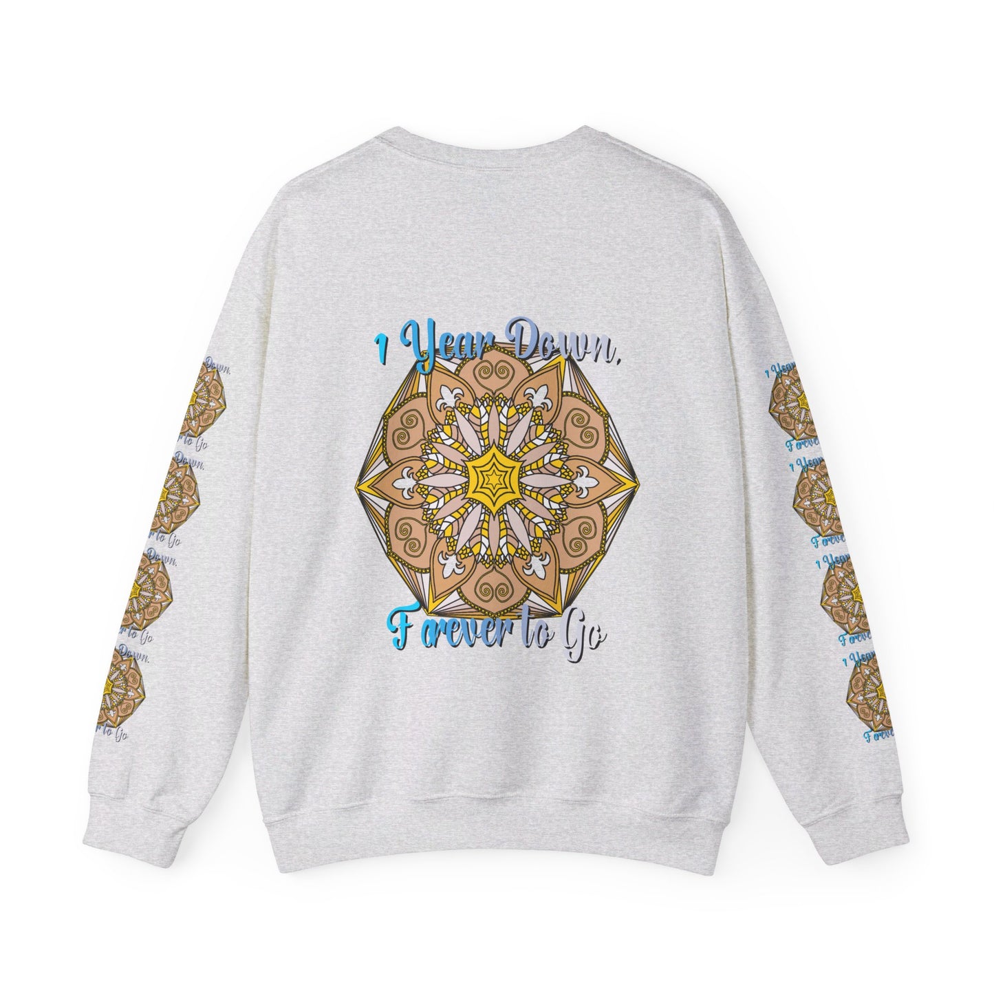 Unisex heavy blend crewneck sweatshirt celebrating first year wedding anniversary with text '1 Year Down, Forever to Go'