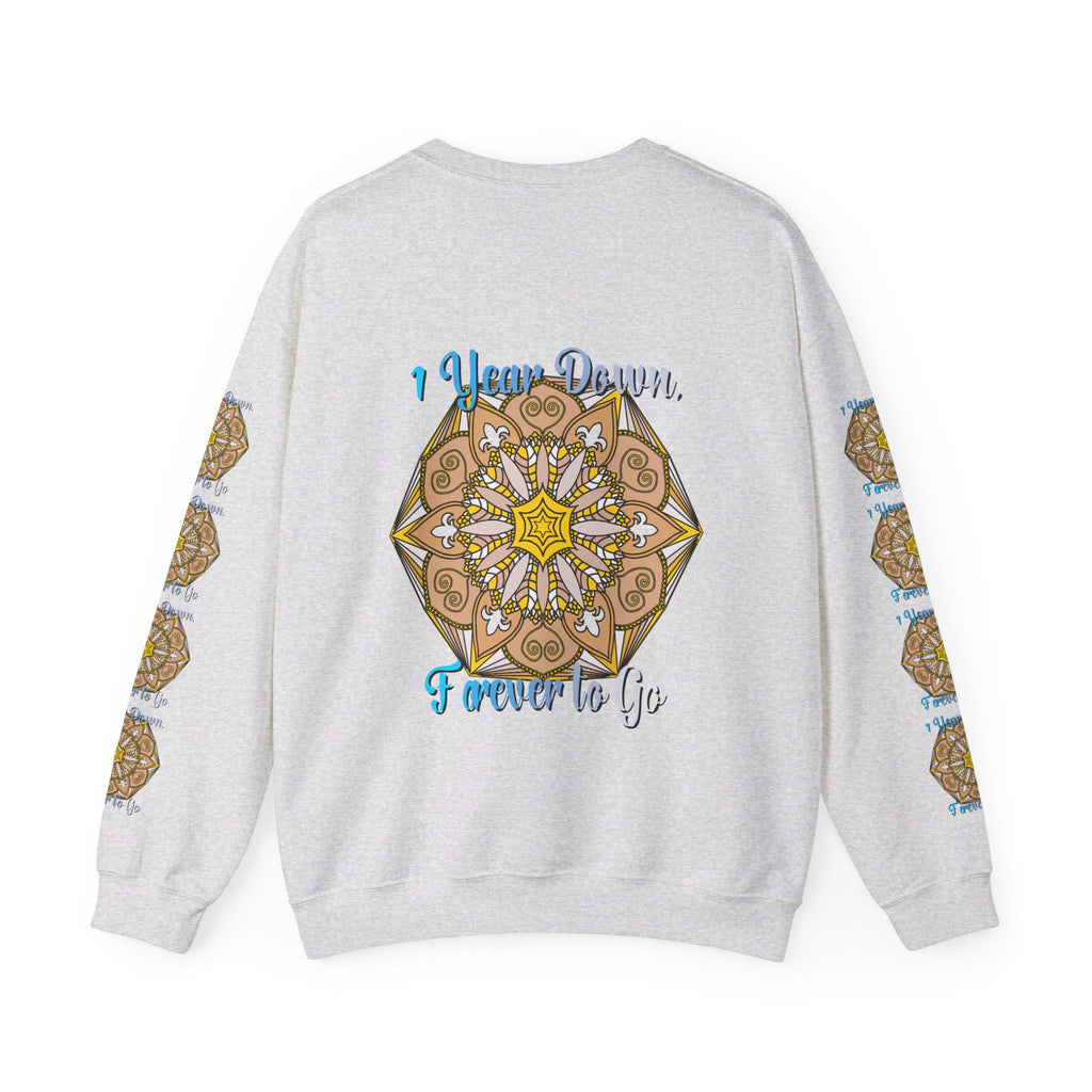 Unisex heavy blend crewneck sweatshirt celebrating first year wedding anniversary with text '1 Year Down, Forever to Go'