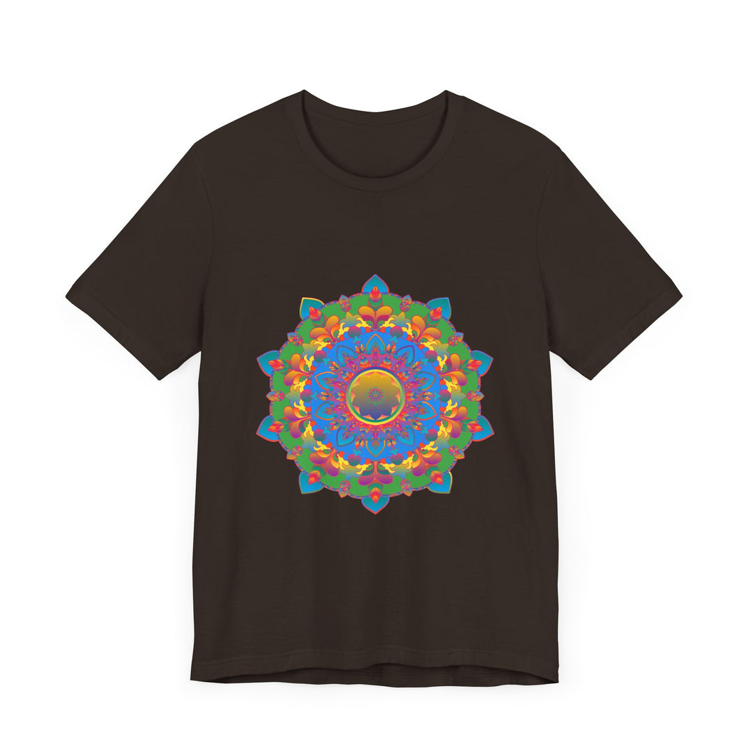 Vibrant and intricate mandala design t-shirt in various lively colors