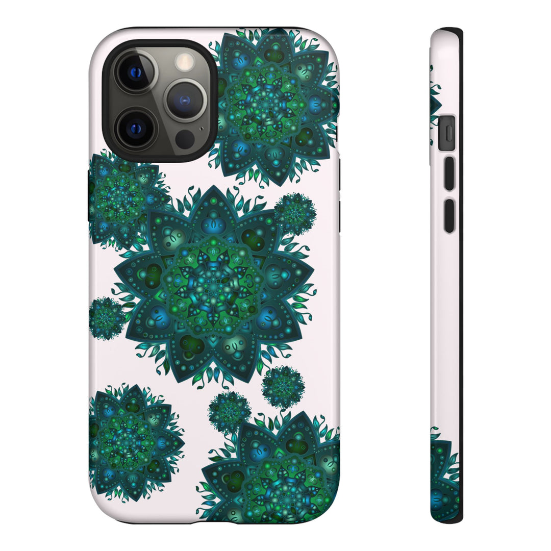 Beautiful light pink and green mandala phone case with peaceful and intricate design