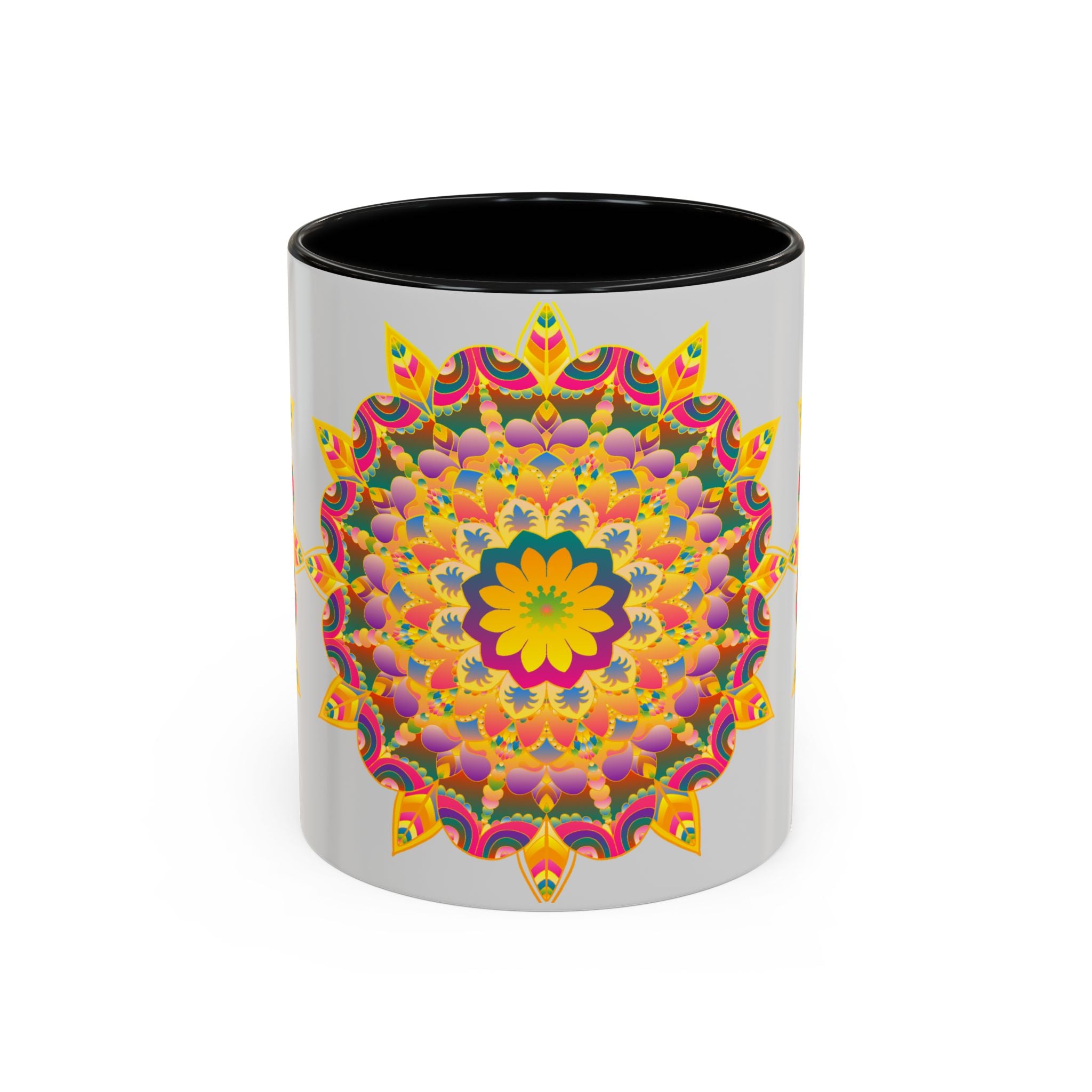 Colorful ceramic mug featuring a vibrant floral mandala design, perfect for art enthusiasts