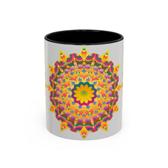 Colorful ceramic mug featuring a vibrant floral mandala design, perfect for art enthusiasts