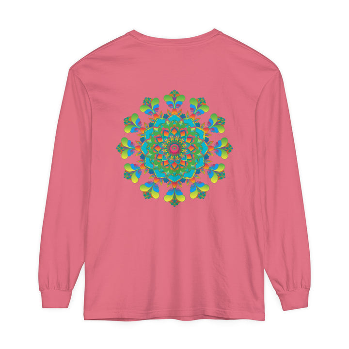 Vibrantly colored long sleeve T-shirt with a psychedelic mandala tie dye design