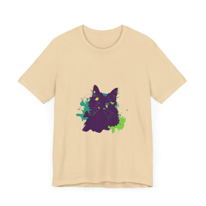 Abstract purple cat mystery t-shirt with vibrant colors and intricate design