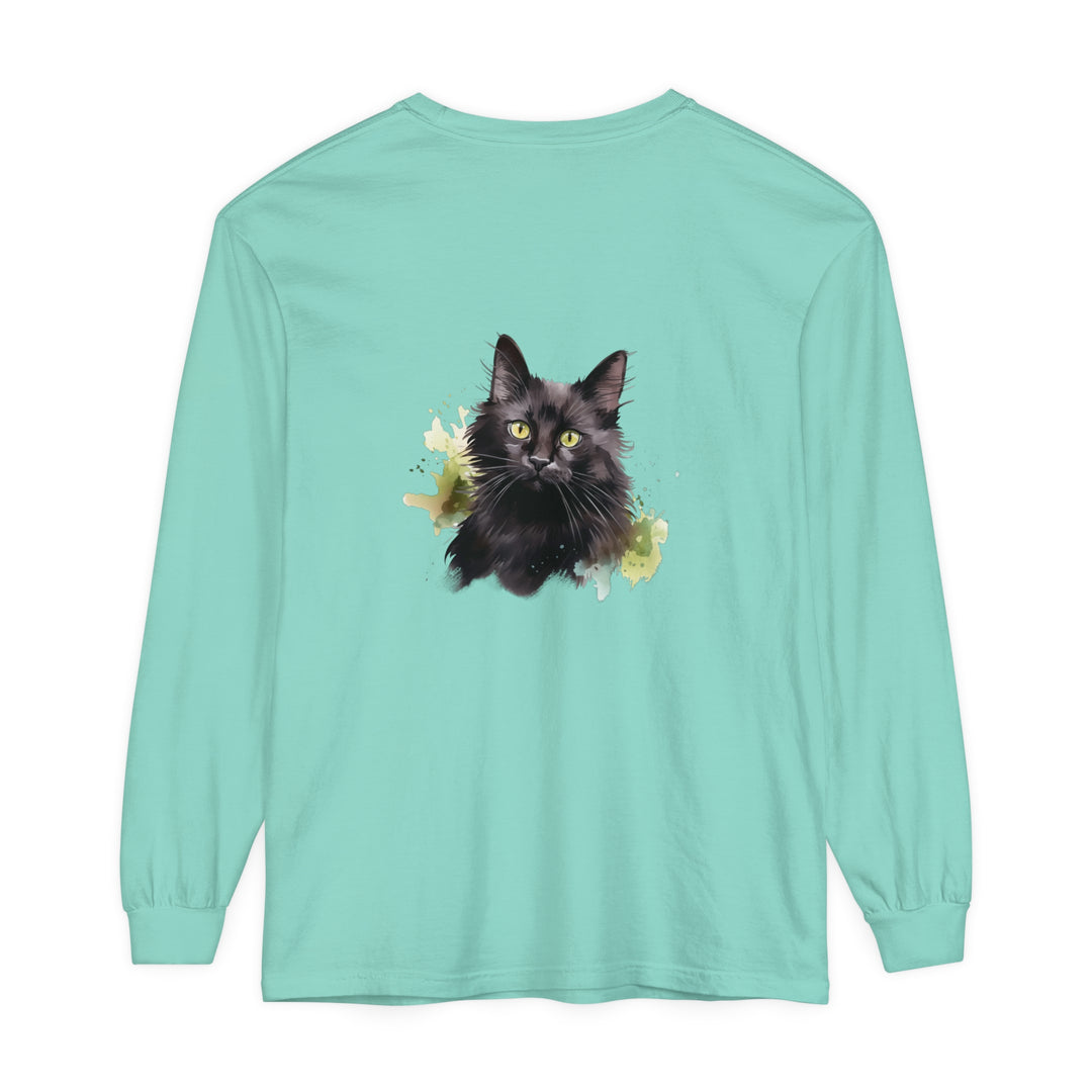 Black Cat Watercolor Splash Long Sleeve T-Shirt with vibrant, artistic feline design