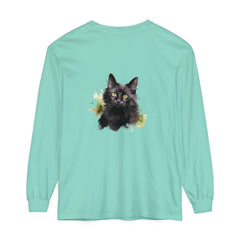 Black Cat Watercolor Splash Long Sleeve T-Shirt with vibrant, artistic feline design
