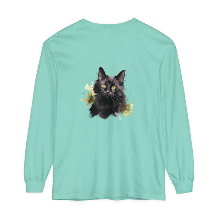 Black Cat Watercolor Splash Long Sleeve T-Shirt with vibrant, artistic feline design