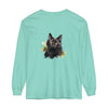 Black Cat Watercolor Splash Long Sleeve T-Shirt with vibrant, artistic feline design