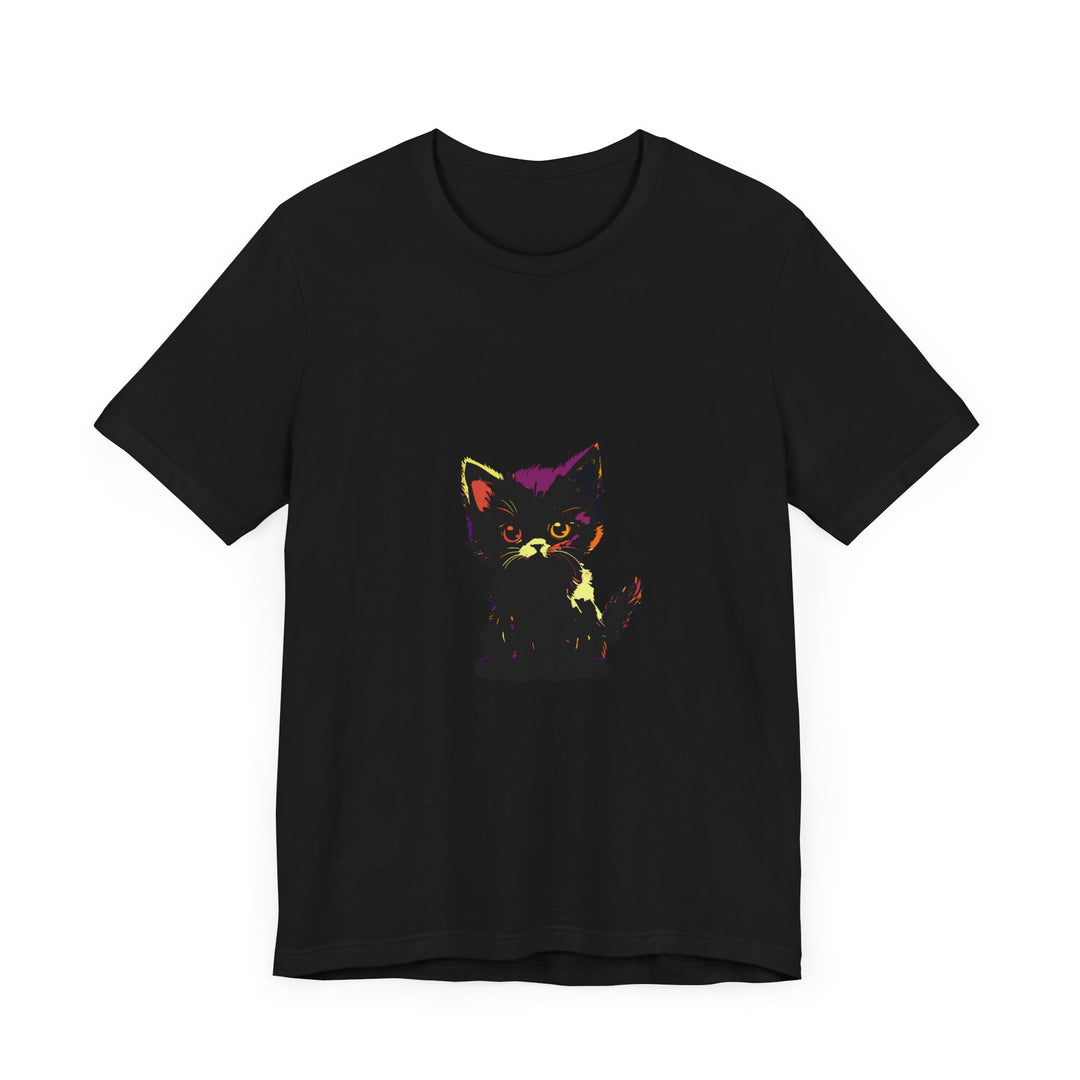 Neon Black Cat Mystery T-Shirt featuring a vibrant neon design