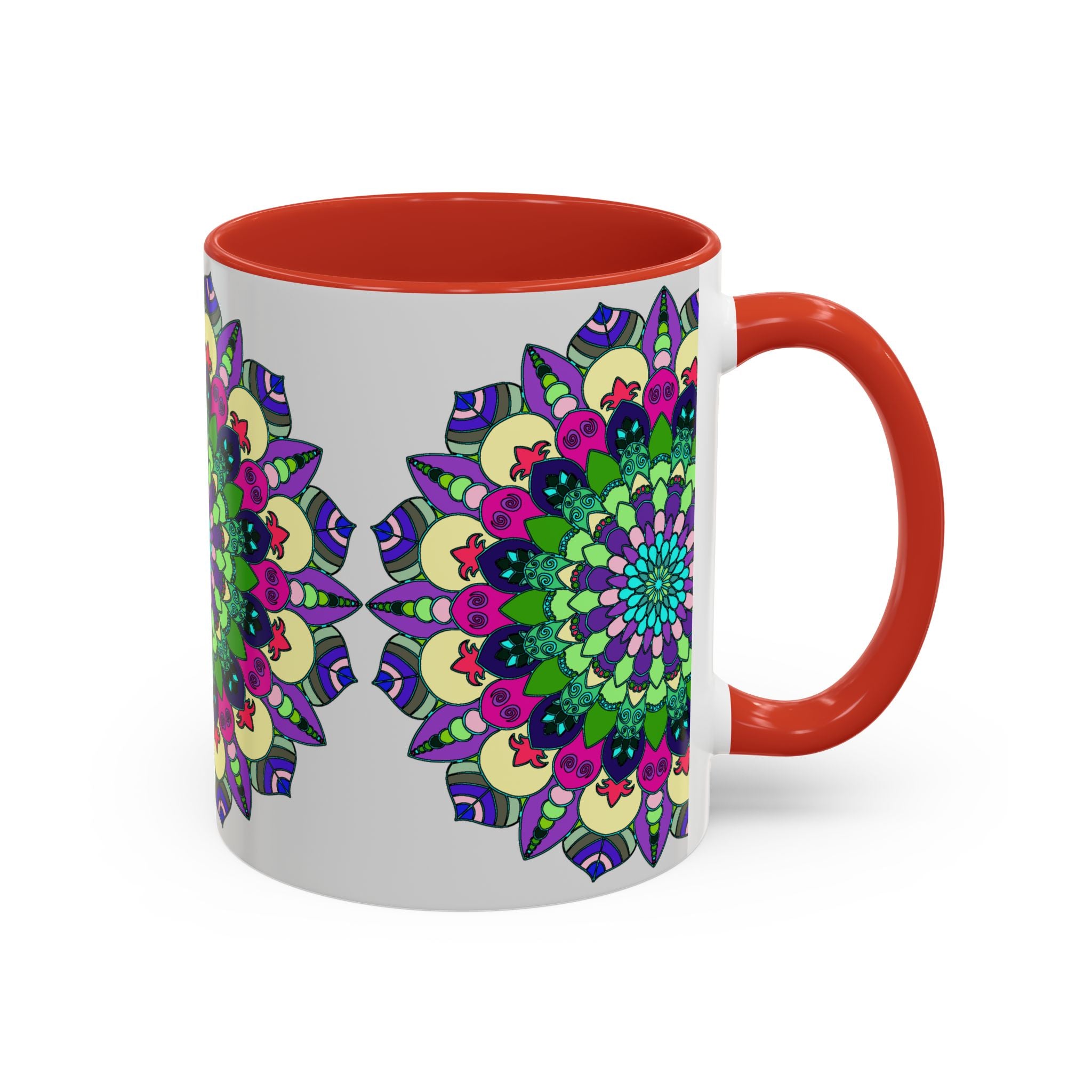 A vibrant and intricate mandala art design adorns this ceramic mug, creating a colorful and spiritual addition to your morning routine