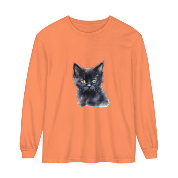 A close-up image of a black long sleeve unisex t-shirt with a mystical kitten design on the front