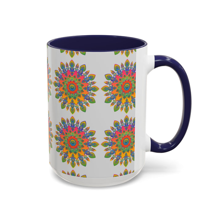 Beautiful and colorful mandala art printed on a grey ceramic mug