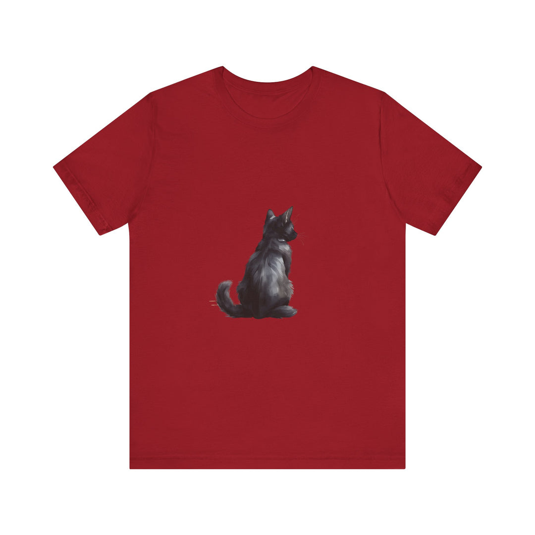 Black Cat Mystery T-Shirt: a black t-shirt featuring a mysterious black cat design