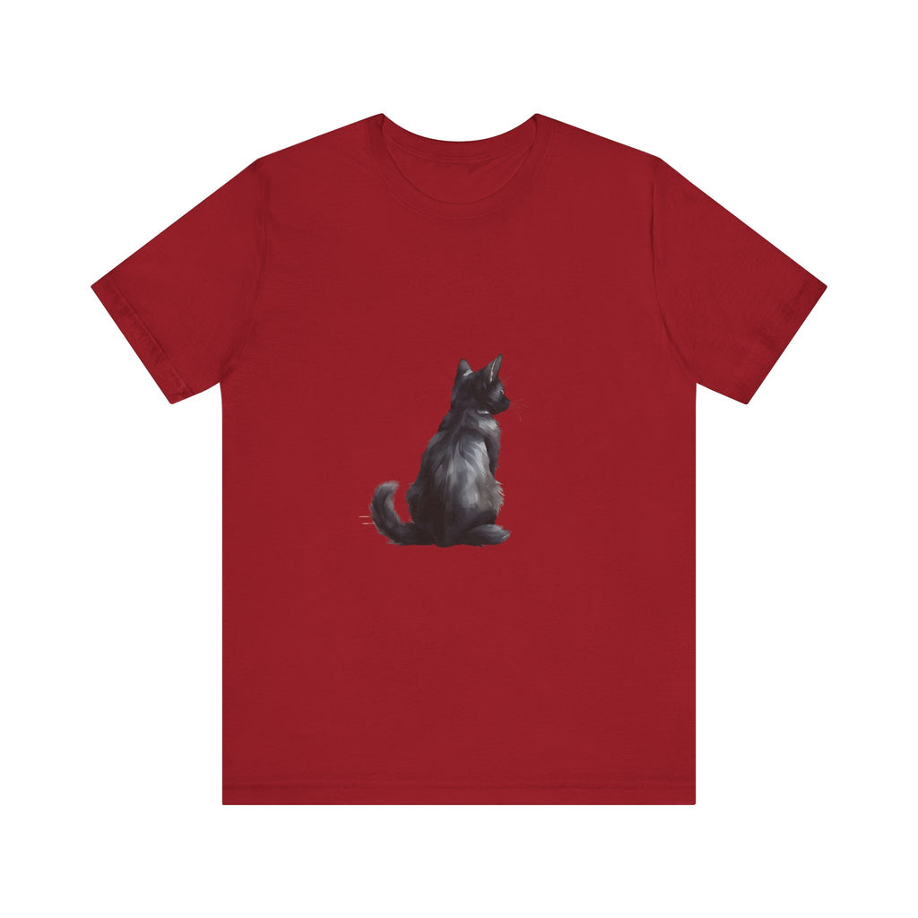 Black Cat Mystery T-Shirt: a black t-shirt featuring a mysterious black cat design